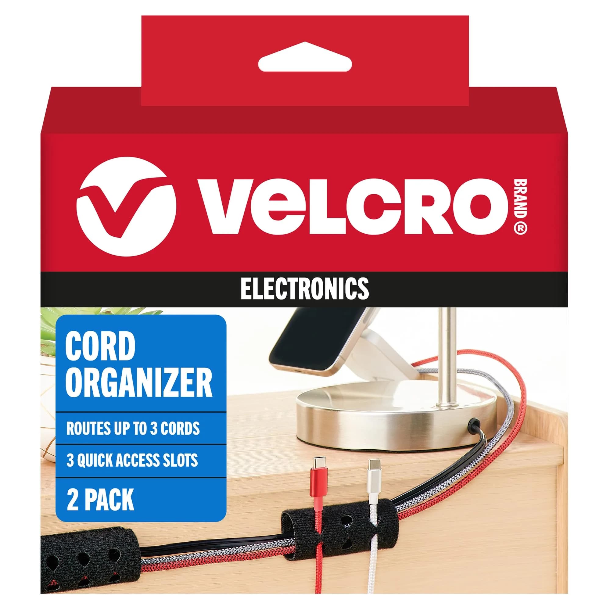 VELCRO Brand Cord Organizer for Desk Cable Management, Nightstand Organization, Dual Function Cable Sleeve Cord Keepers Combo, Holds Wires for Easy Access, Small 2pk Black