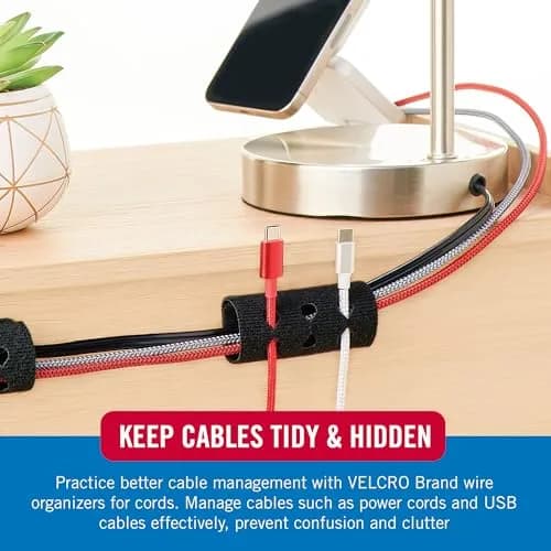 VELCRO Brand Cord Organizer for Desk Cable Management, Nightstand Organization, Dual Function Cable Sleeve Cord Keepers Combo, Holds Wires for Easy Access, Small 2pk Black thumbnail 3