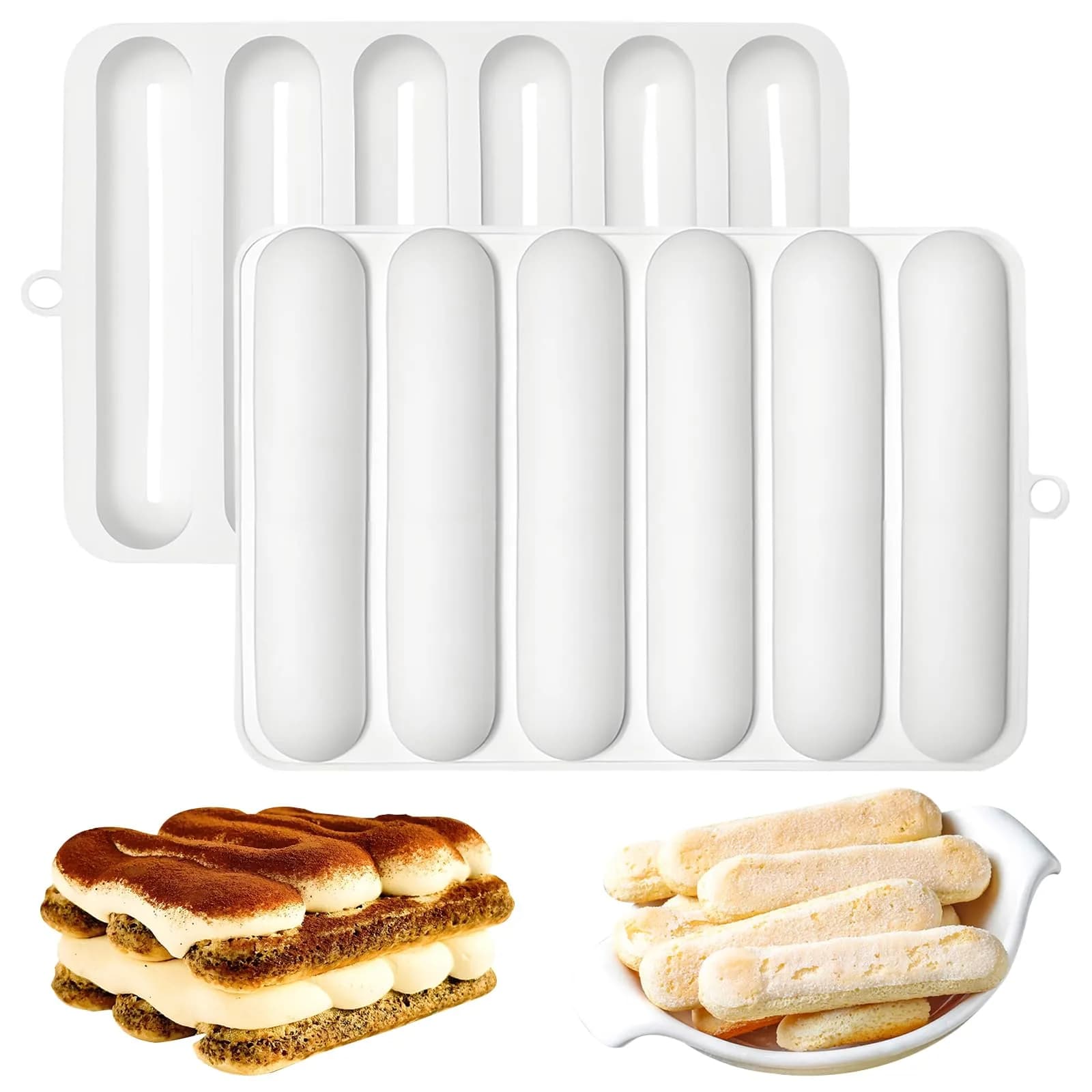 Fchil Silicone Eclair Mold for Ladyfinger Biscuit & Hot Dog Buns | 6-Cavity, Food-Grade Silicone, Oven & Freezer Safe — White(eclair mold-QY168)