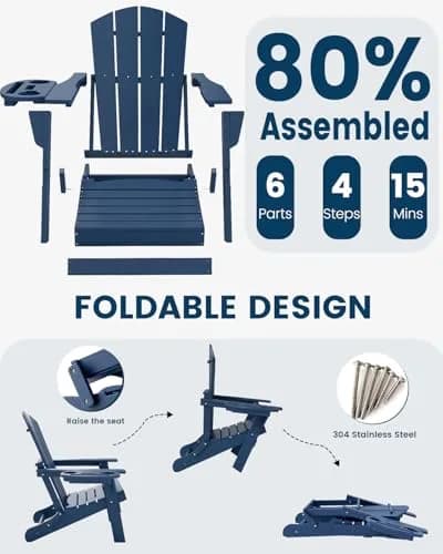 FOOWIN Folding Adirondack Chair Set of 6 | Weatherproof HDPE Outdoor Chairs with 4-in-1 Cup Holder (29.5x31x36 inches) thumbnail 8