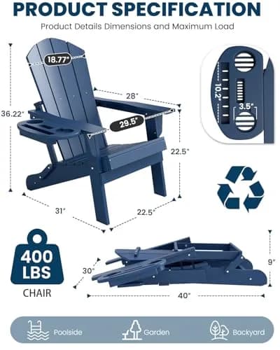 FOOWIN Folding Adirondack Chair Set of 6 | Weatherproof HDPE Outdoor Chairs with 4-in-1 Cup Holder (29.5x31x36 inches) thumbnail 2
