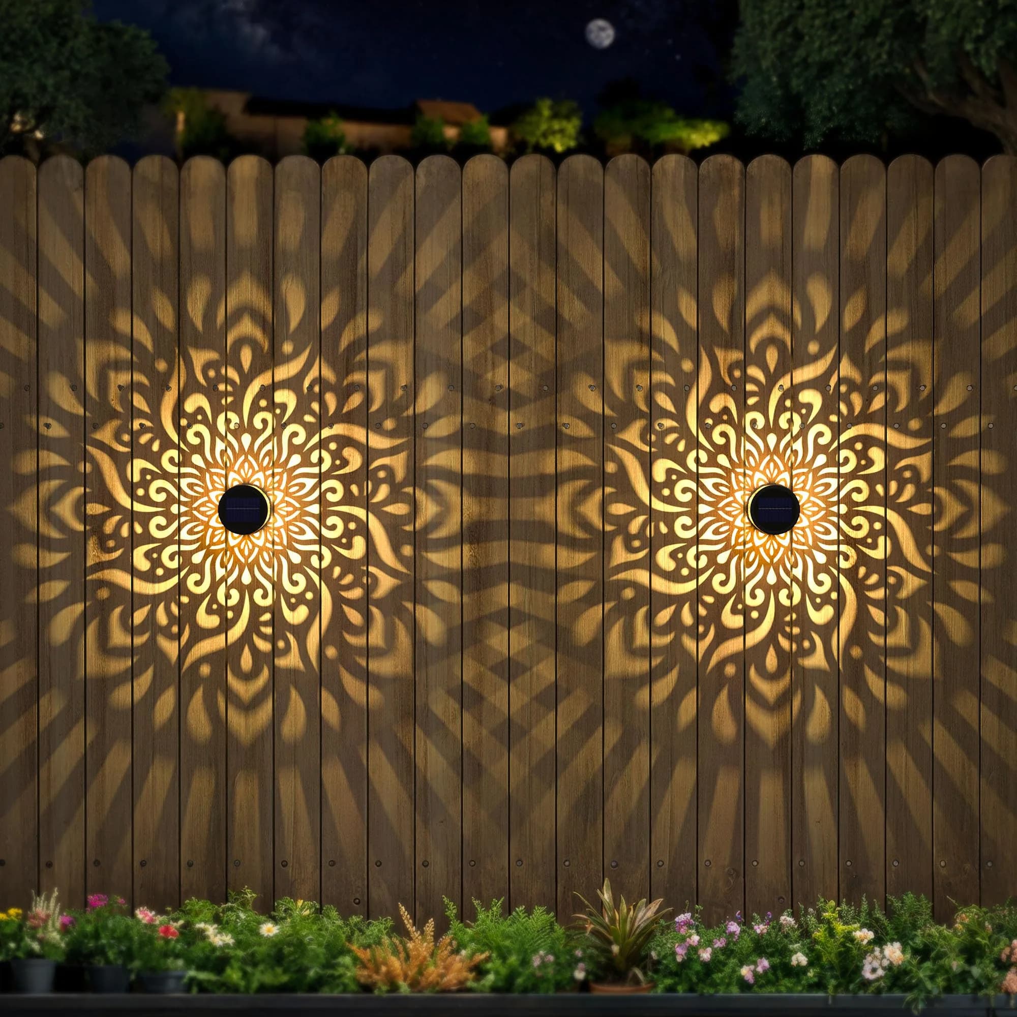 gardencave Large Solar Fence Lights Metal Mandala Pattern Waterproof 4 Pack | Outdoor Wall & Deck Decor — Mandala-L