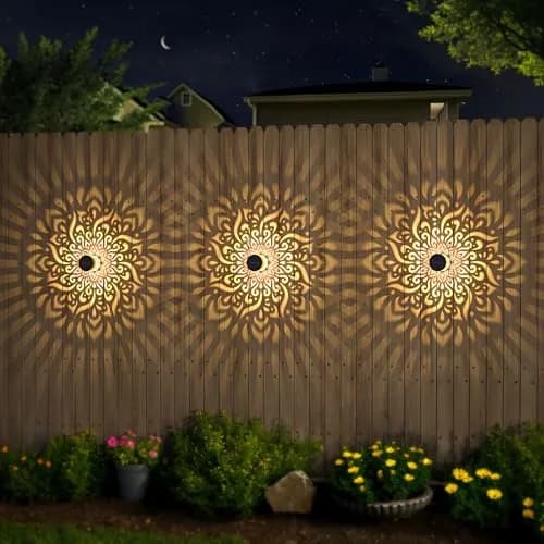 gardencave Large Solar Fence Lights Metal Mandala Pattern Waterproof 4 Pack | Outdoor Wall & Deck Decor thumbnail 3
