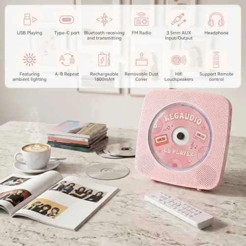 Kegaudio Portable Bluetooth CD Player with Speakers & FM Radio, 1800mAh Rechargeable, Pink | All-in-One Audio Player thumbnail 9