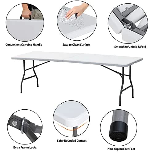 Saicool 8FT Folding Event Table | Heavy Duty Indoor Outdoor Picnic Table, White thumbnail 3