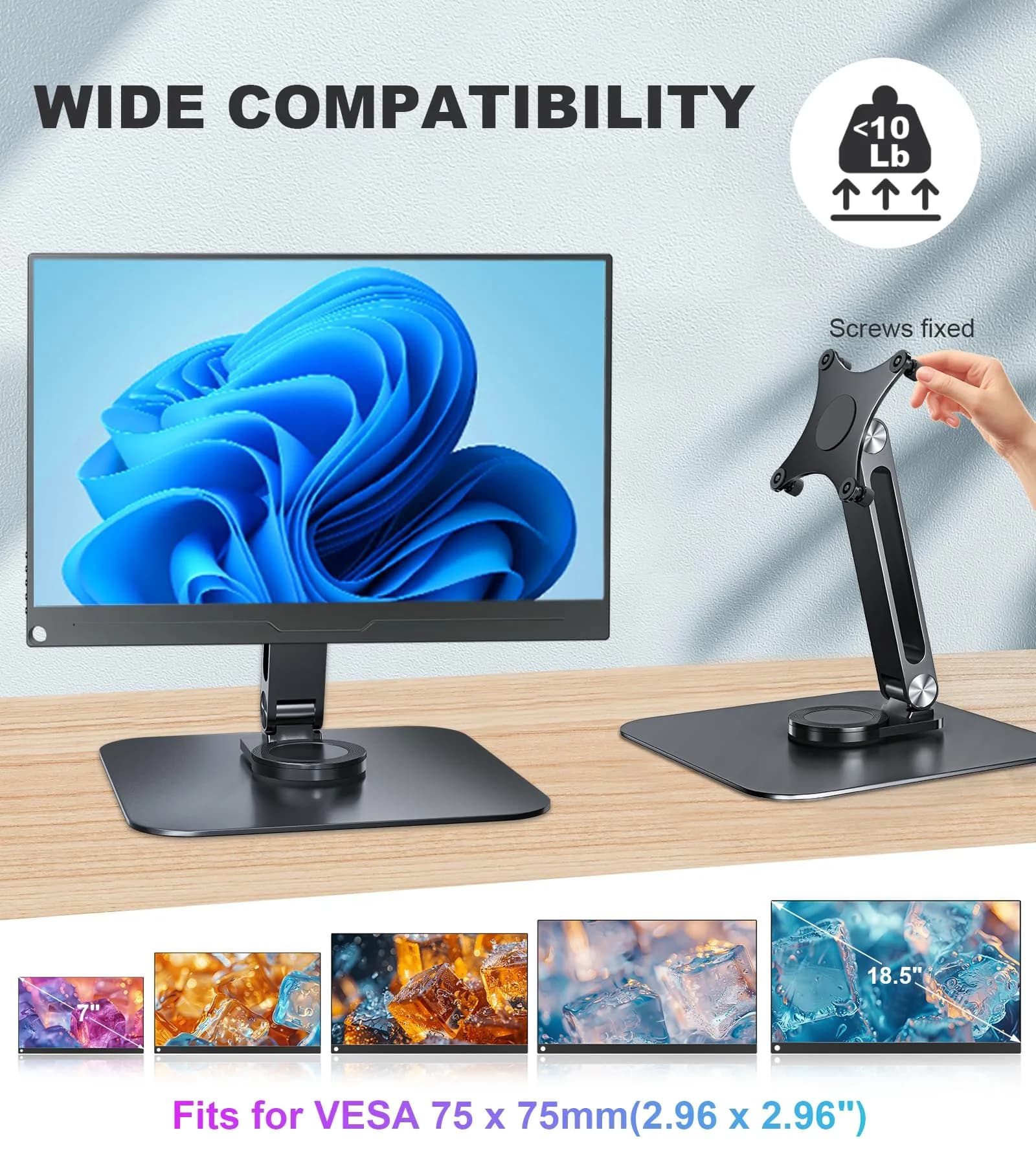 JUNEBOX Black Aluminum Alloy VESA Monitor Stand with Anti-Loss Screws, Fits 7"-18" Monitors (75x75mm VESA) | Stable Desk Mount - view 2