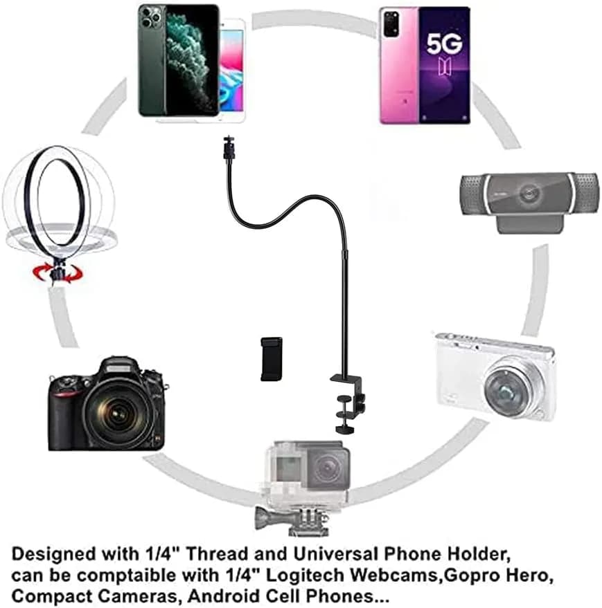 Etubby Webcam Stand Phone Holder Desktop Adjustable Gooseneck & Pole Video Clamp 7.5cm Clamp | Supports Logitech Webcam C922 C930e C920S thumbnail 7