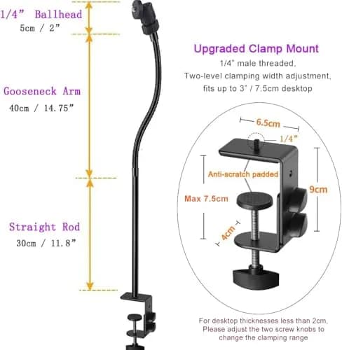 Etubby Webcam Stand Phone Holder Desktop Adjustable Gooseneck & Pole Video Clamp 7.5cm Clamp | Supports Logitech Webcam C922 C930e C920S thumbnail 3