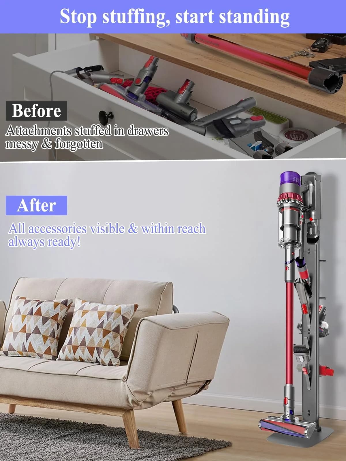 Haturi Freestanding Vacuum Holder Stand for Dyson V6-V16 & Gen5, Dark Grey | 13" W x 52.8" H x 10.2" D - view 7