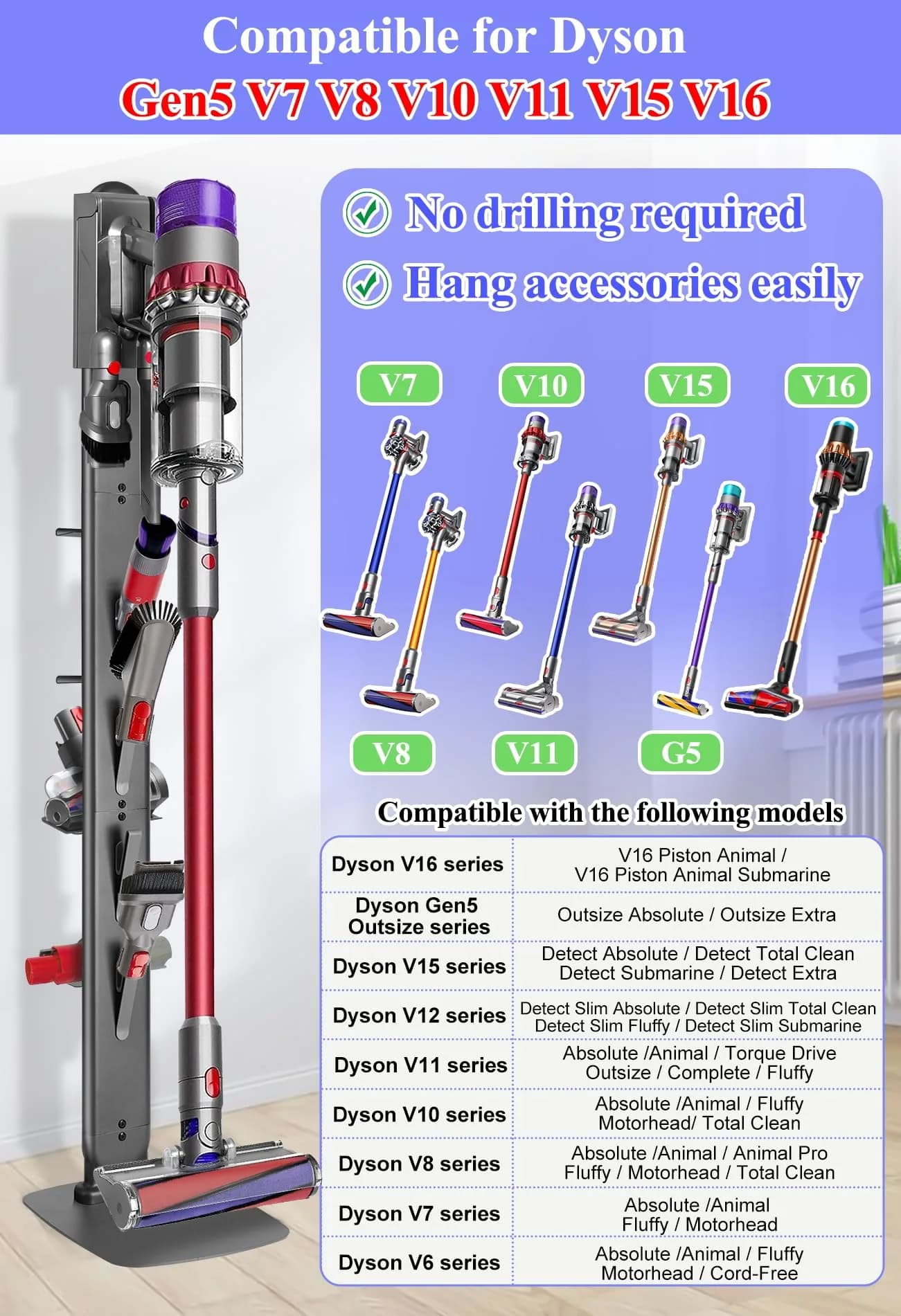 Haturi Freestanding Vacuum Holder Stand for Dyson V6-V16 & Gen5, Dark Grey | 13" W x 52.8" H x 10.2" D - view 4