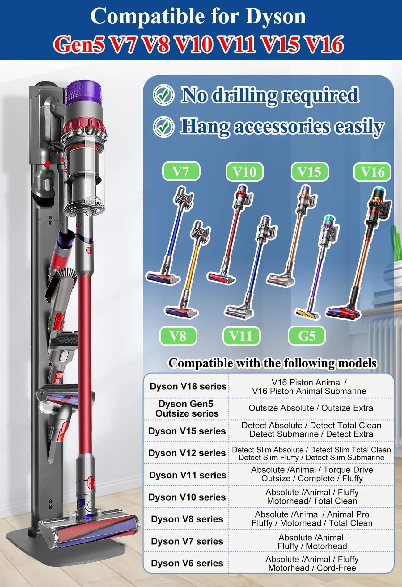 Haturi Freestanding Vacuum Stand for Dyson Cordless Vacuums | Dark Grey (52.8 in / 133 cm) - view 2