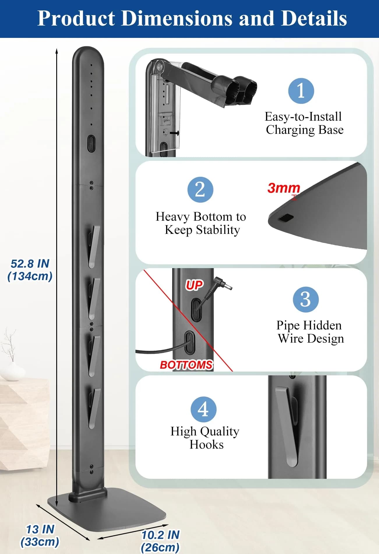 Haturi Freestanding Vacuum Stand for Dyson Cordless Vacuums | Dark Grey (52.8 in / 133 cm) - view 4