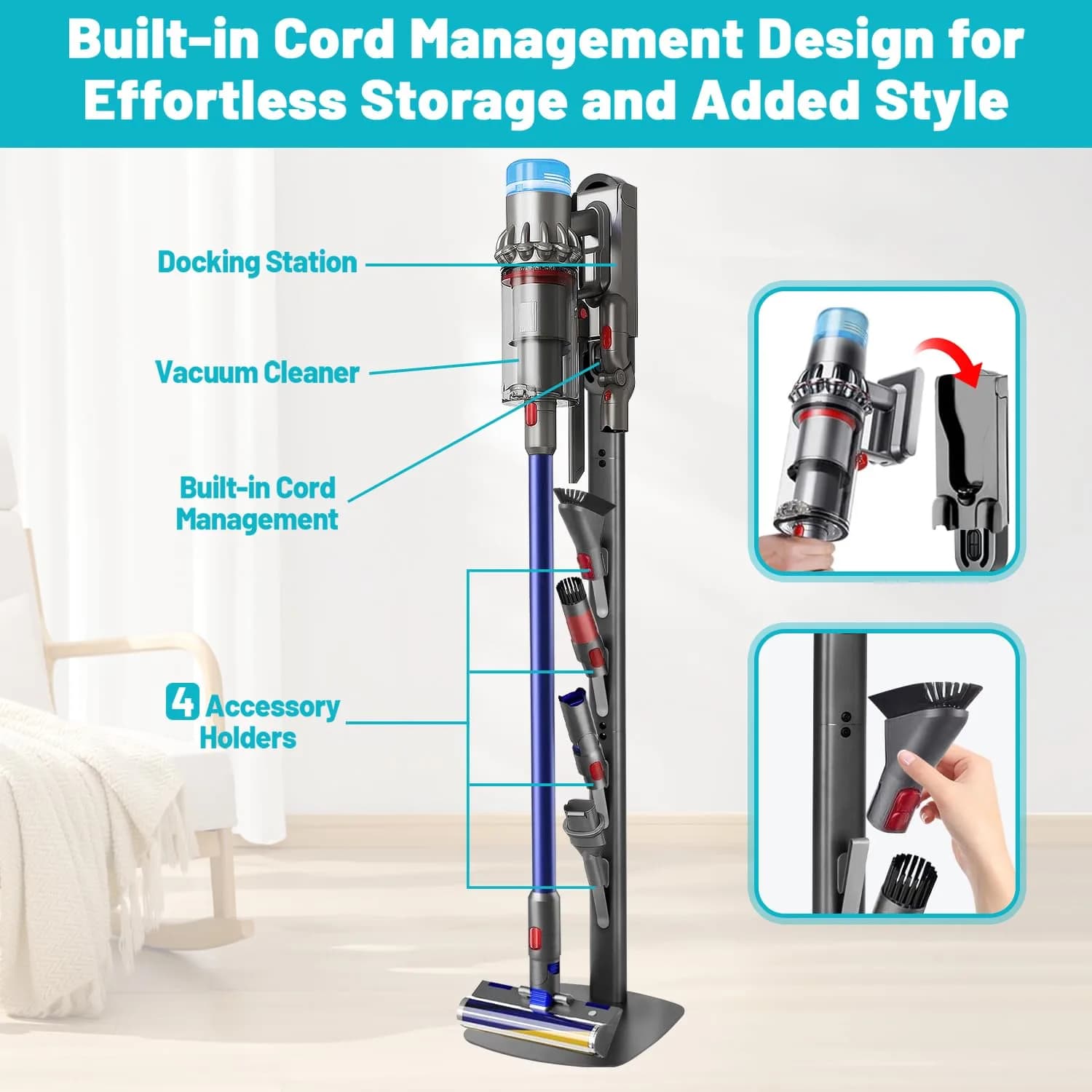 Kukikan Metal Vacuum Stand Holder for Dyson V8-V15 & Gen5 | 3.69 kg (8.14 lb) Floor Docking Station with 4 Hooks - view 4