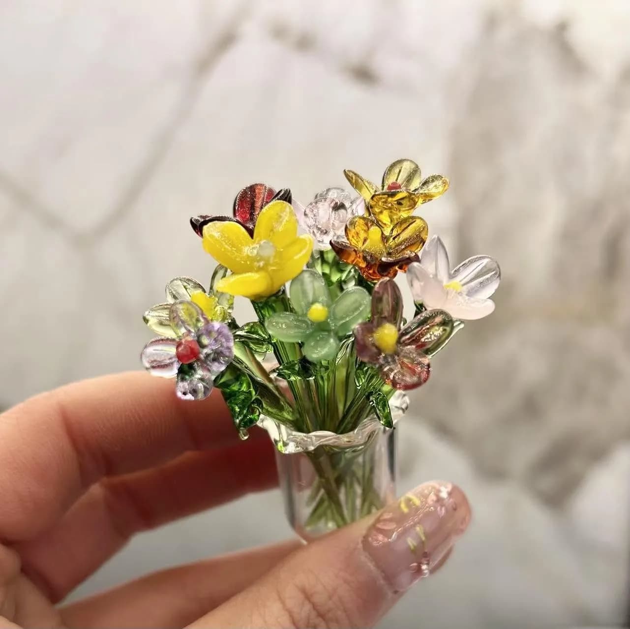 wybcfp 11Pcs Mini Glass Flower Bouquet Ornaments with Vase | Hand Blown Glass Flowers for Gifts & DIY Crafts - main product image