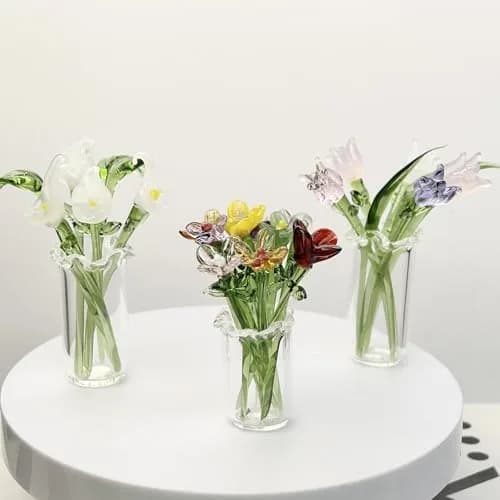 wybcfp 11Pcs Mini Glass Flower Bouquet Ornaments with Vase | Hand Blown Glass Flowers for Gifts & DIY Crafts thumbnail 2