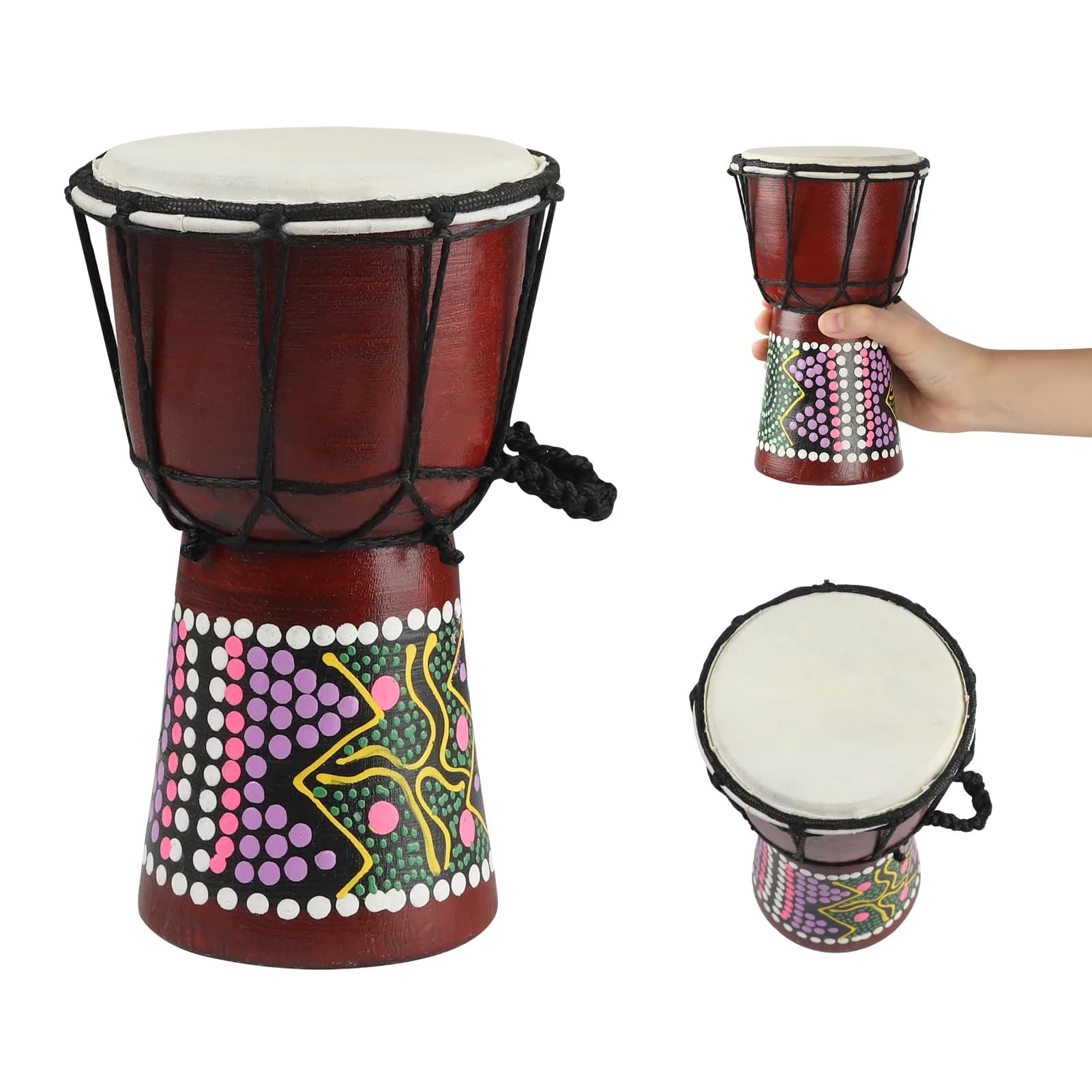 GOGHOST Mini Wood Djembe Drum 11.4cm (4.5'') x 20.3cm (8'') | Authentic African Hand Drum with Goatskin Head — Colorful Pattern