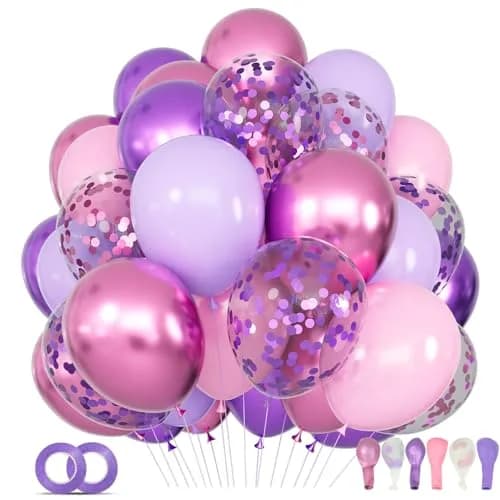 KUULBELA 68Pcs Pink and Purple Balloons 12 Inch Metallic Purple Pink Latex Balloon Confetti Balloons with Ribbons | Party Decorations thumbnail 1