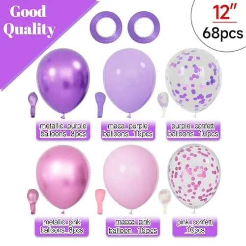KUULBELA 68Pcs Pink and Purple Balloons 12 Inch Metallic Purple Pink Latex Balloon Confetti Balloons with Ribbons | Party Decorations thumbnail 2
