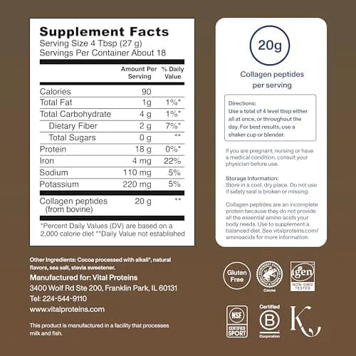 Vital Proteins Grass Fed Collagen Powder Chocolate 17.1 oz (485 g) | Supports Hair, Skin, Joints & Bones thumbnail 6