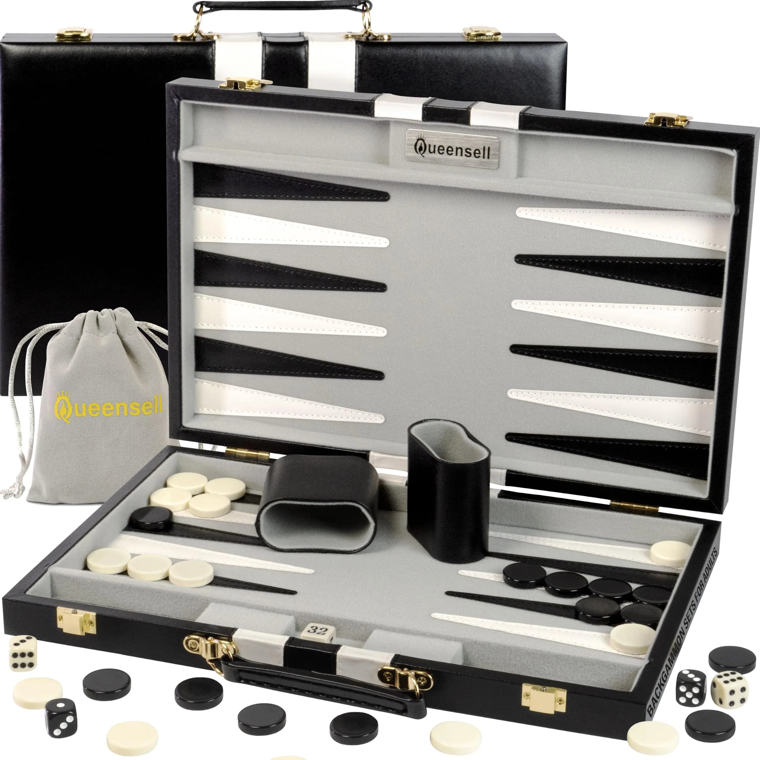Queensell Large Black Backgammon Set 38.1 cm (15 Inch) | Classic Strategy Board Game for 2 Players — Premium Back