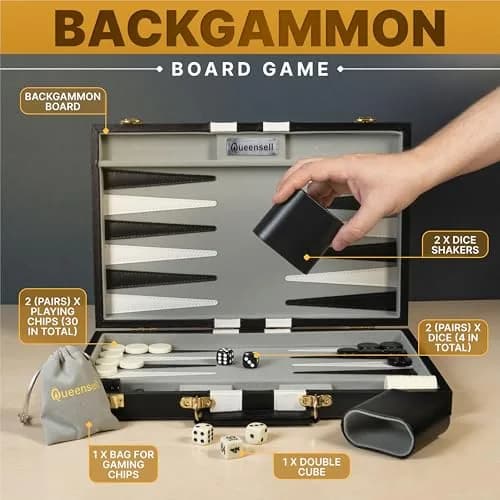Queensell Large Black Backgammon Set 38.1 cm (15 Inch) | Classic Strategy Board Game for 2 Players thumbnail 4