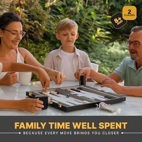 Queensell Large Black Backgammon Set 38.1 cm (15 Inch) | Classic Strategy Board Game for 2 Players thumbnail 3