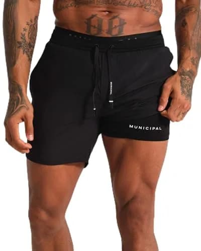MUNICIPAL Men's Daybreak Lined 5" Shorts, Black, Large | Comfortable Active Shorts with Pockets thumbnail 1