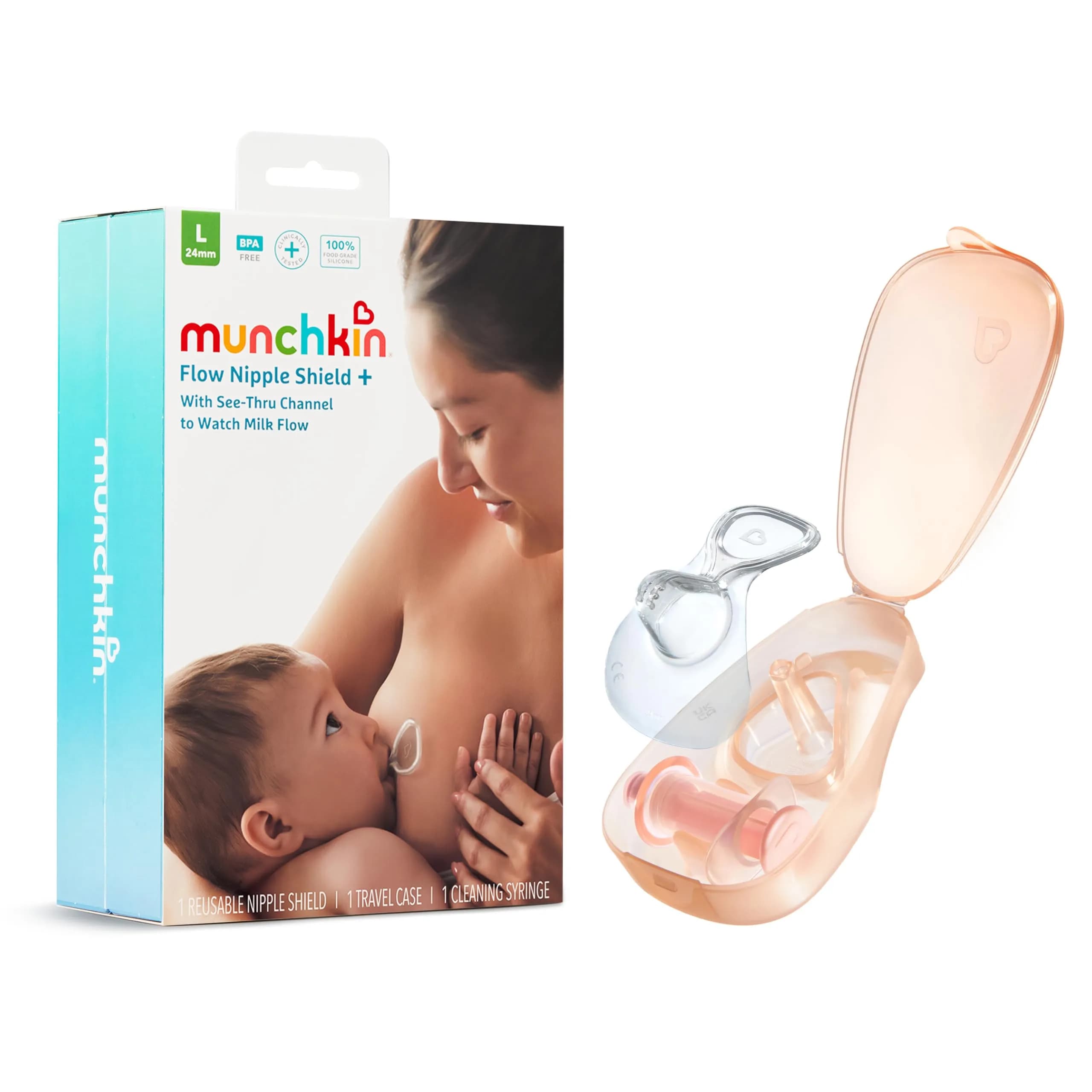 Munchkin Flow Nipple Shield with Visible Milk Flow Channel, 24mm Silicone Latch Monitor for Newborns | Reassurance for New Mothers - main product image