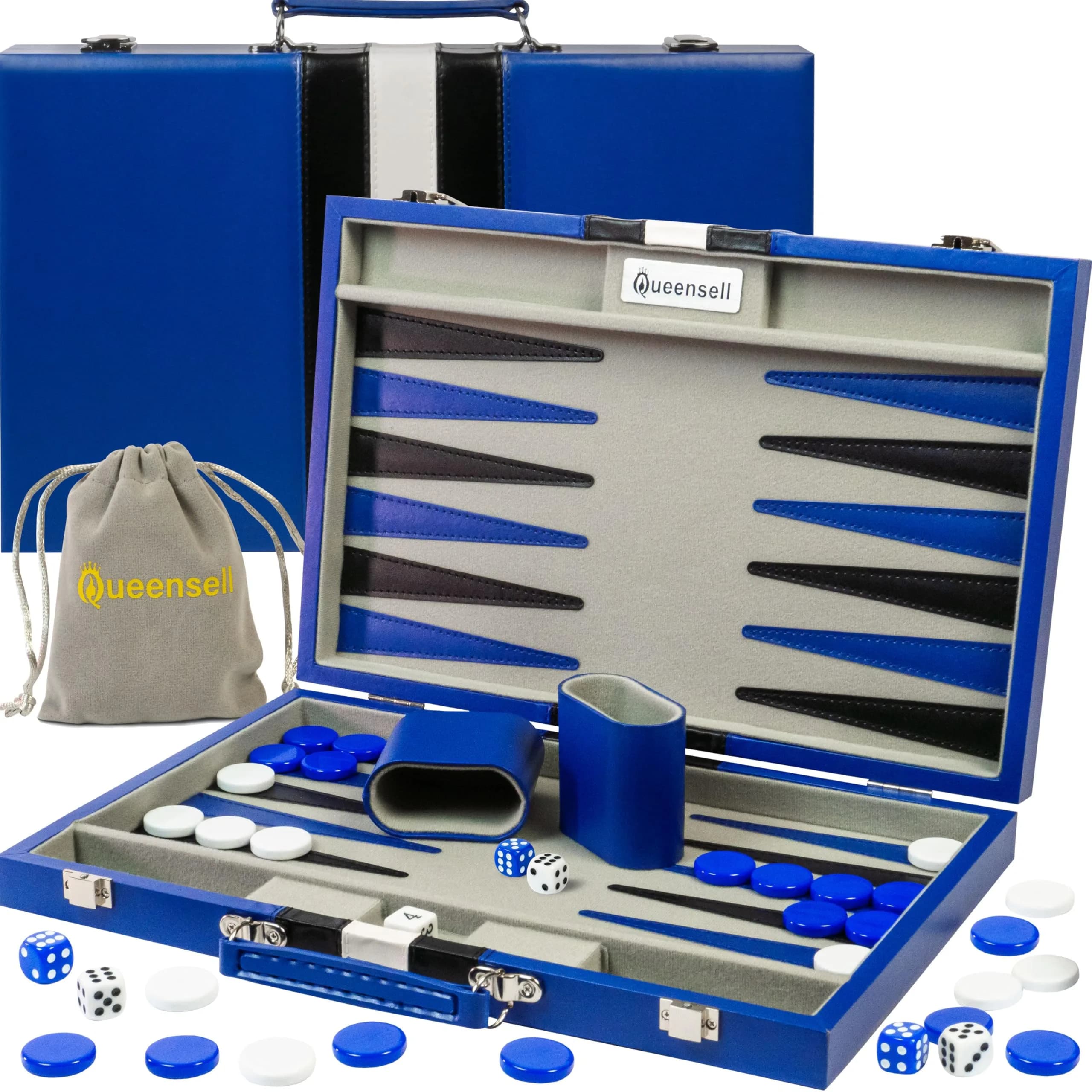 Queensell Blue Backgammon Board Game Set 38.1 cm (15 Inch) | Classic Strategy Game for 2 Players — Premium Blue