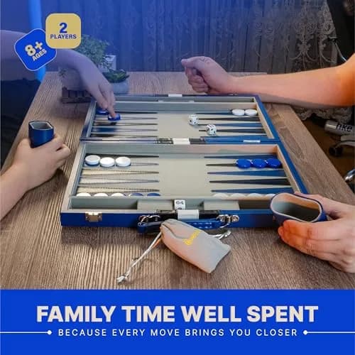 Queensell Blue Backgammon Board Game Set 38.1 cm (15 Inch) | Classic Strategy Game for 2 Players thumbnail 8