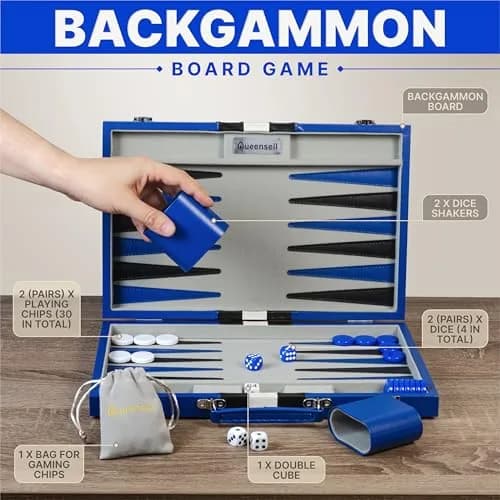 Queensell Blue Backgammon Board Game Set 38.1 cm (15 Inch) | Classic Strategy Game for 2 Players thumbnail 2