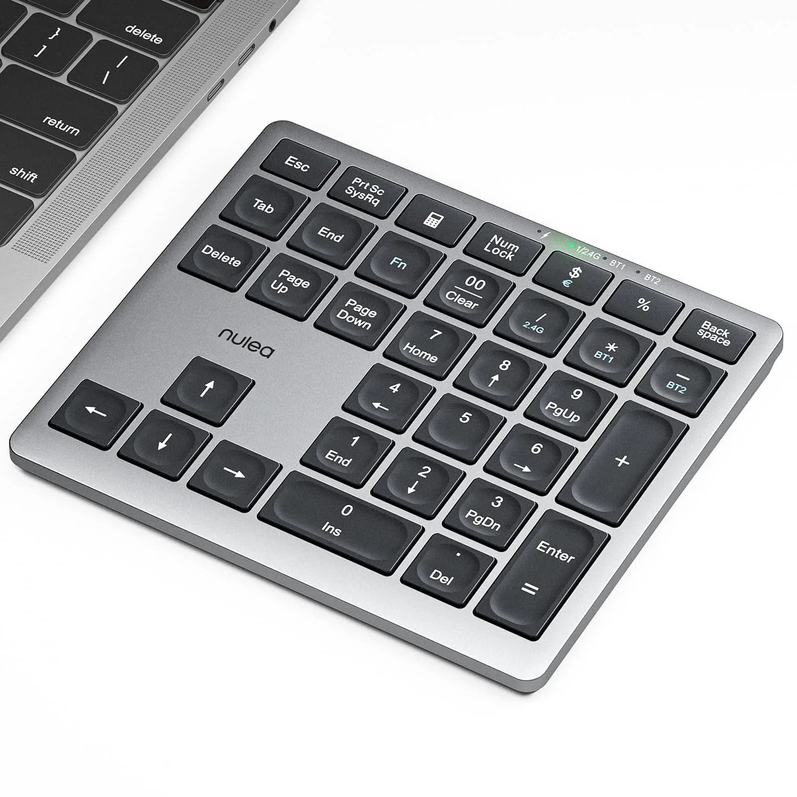 Nulea Wireless Number Pad for Laptop with Bluetooth 5.0 & 2.4G Connection, 34-Key Numeric Keypad with USB-C Charging | Ergonomic Slim Design for Productivity — A-Silver Black
