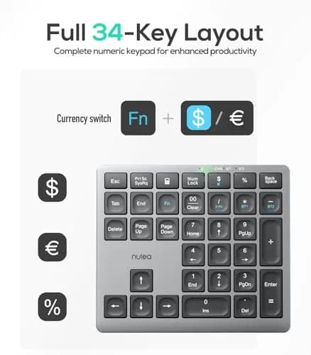 Nulea Wireless Number Pad for Laptop with Bluetooth 5.0 & 2.4G Connection, 34-Key Numeric Keypad with USB-C Charging | Ergonomic Slim Design for Productivity thumbnail 5