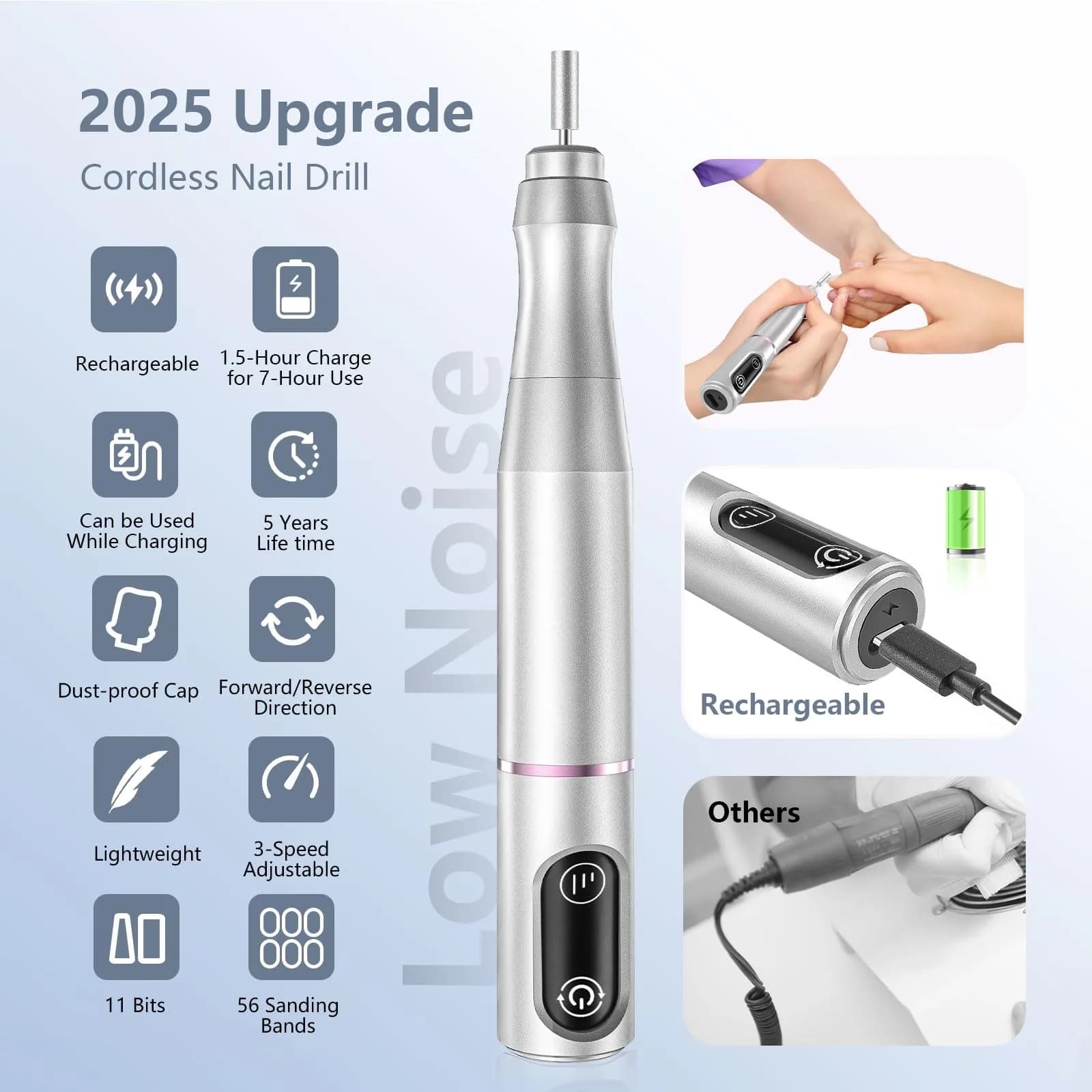TUOBEO Cordless Nail Drill Kit Silver | Rechargeable Efile for Acrylic & Gel Nails - view 3
