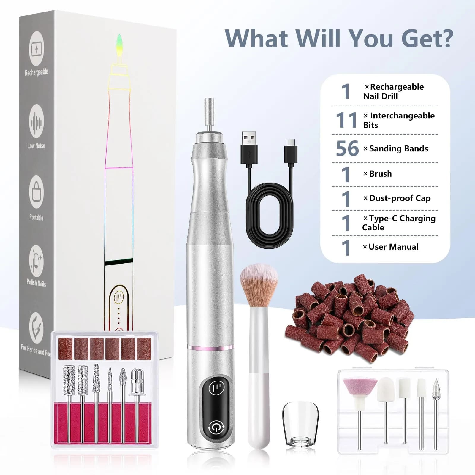 TUOBEO Cordless Nail Drill Kit Silver | Rechargeable Efile for Acrylic & Gel Nails - view 8