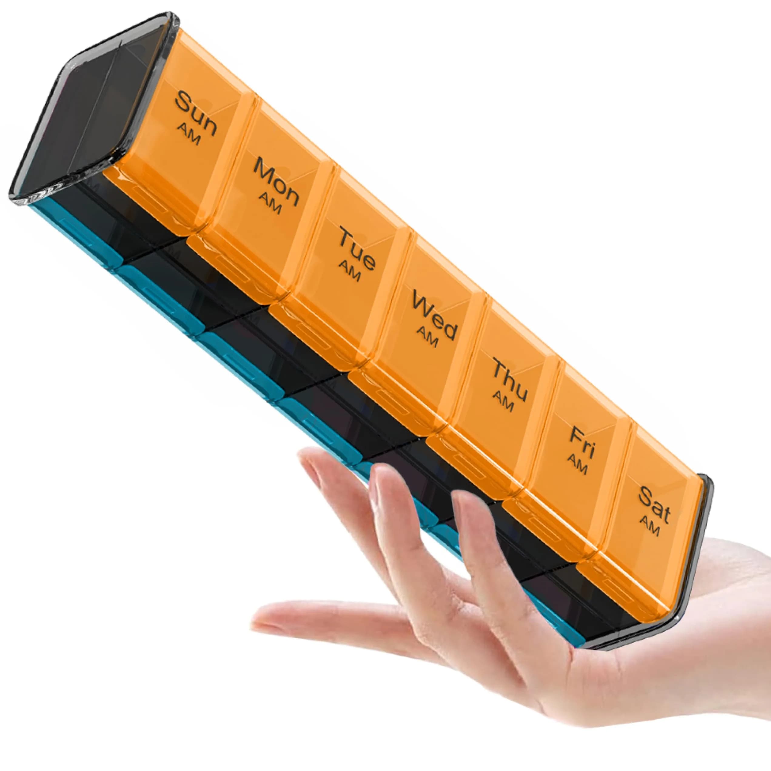 BEXEEN Extra Large Pill Organizer XXL Pill Box 7 Day | 14 Compartments (7 Day/Night) — Orange/Blue