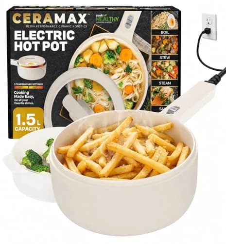 CERAMAX PRO 1.5L Electric Hot Pot with Lid & Steamer | Compact, Non-Toxic Ceramic, Rapid Heating thumbnail 1