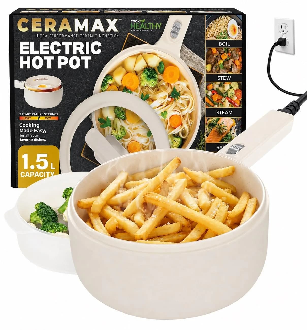 CERAMAX PRO 1.5L Electric Hot Pot with Lid & Steamer | Compact, Non-Toxic Ceramic, Rapid Heating