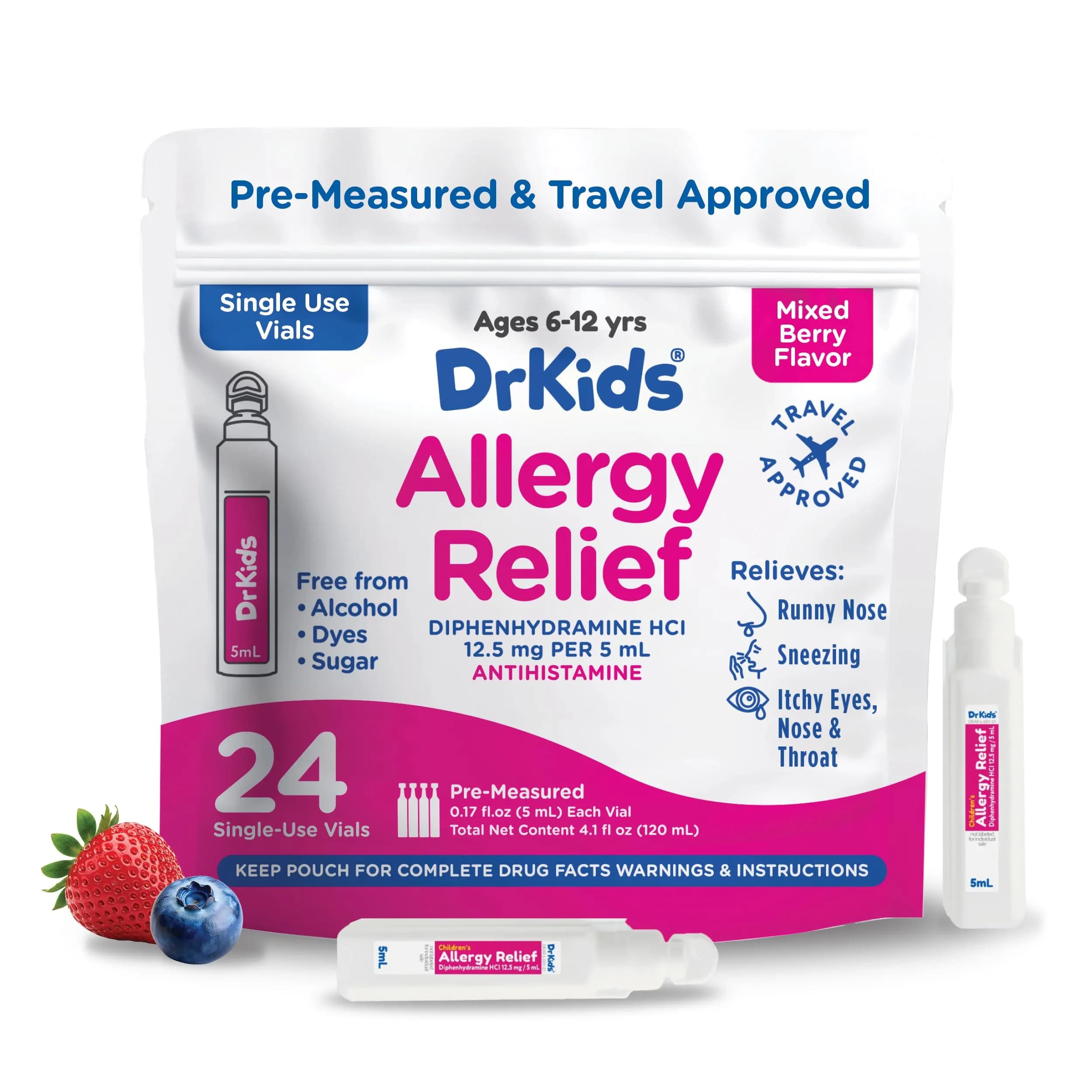 Dr. Kids Children's Allergy Relief Medicine, Mixed Berry Flavor, 24 Count | Fast-Acting Allergy Support for Kids