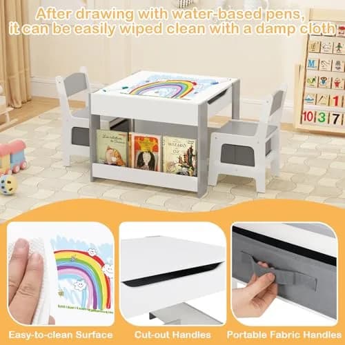 HONEY JOY Kids Table and Chairs, 4-in-1 Wooden Activity Set with Reversible Top, Storage, for 3-6 Years (Gray) thumbnail 5