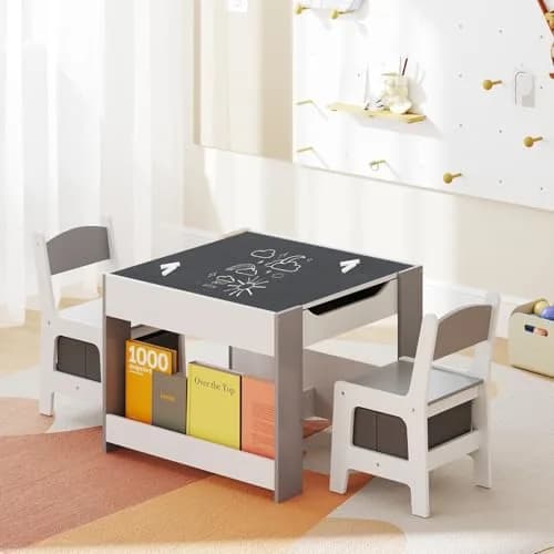 HONEY JOY Kids Table and Chairs, 4-in-1 Wooden Activity Set with Reversible Top, Storage, for 3-6 Years (Gray) thumbnail 9