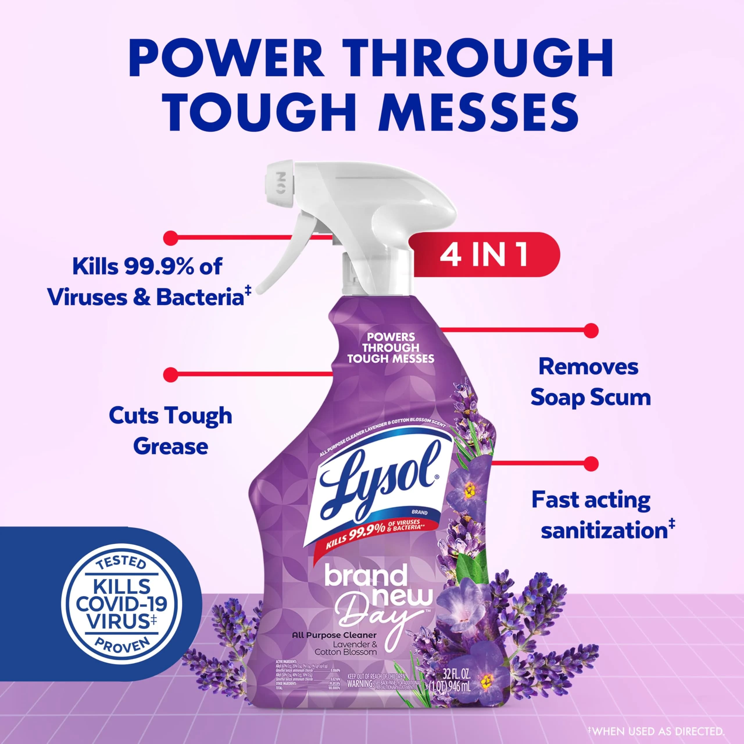 Lysol All Purpose Cleaner Spray Lavender & Cotton Blossom Scent 946ml (32 Fl Oz) | Kills 99.9% of Viruses & Bacteria - view 2