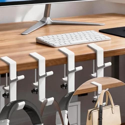 CaLeQi White 4 Pcs Double Hook Desk Mount Bag Holder Clamp | Max 30 lb Capacity thumbnail 1