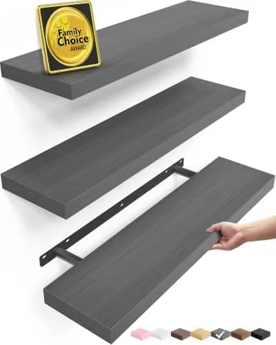 BAYKA Grey Floating Shelves 22.5in (57.15cm) x 6.7in (17.02cm) x 1.1in (2.79cm), Set of 3 | Modern Minimalist Style thumbnail 1