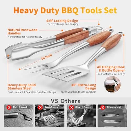 RIKOJUXI Heavy Duty Stainless Steel BBQ Accessories Tools Set Grill Gift | 16 Inch Long Handles for Safety thumbnail 2