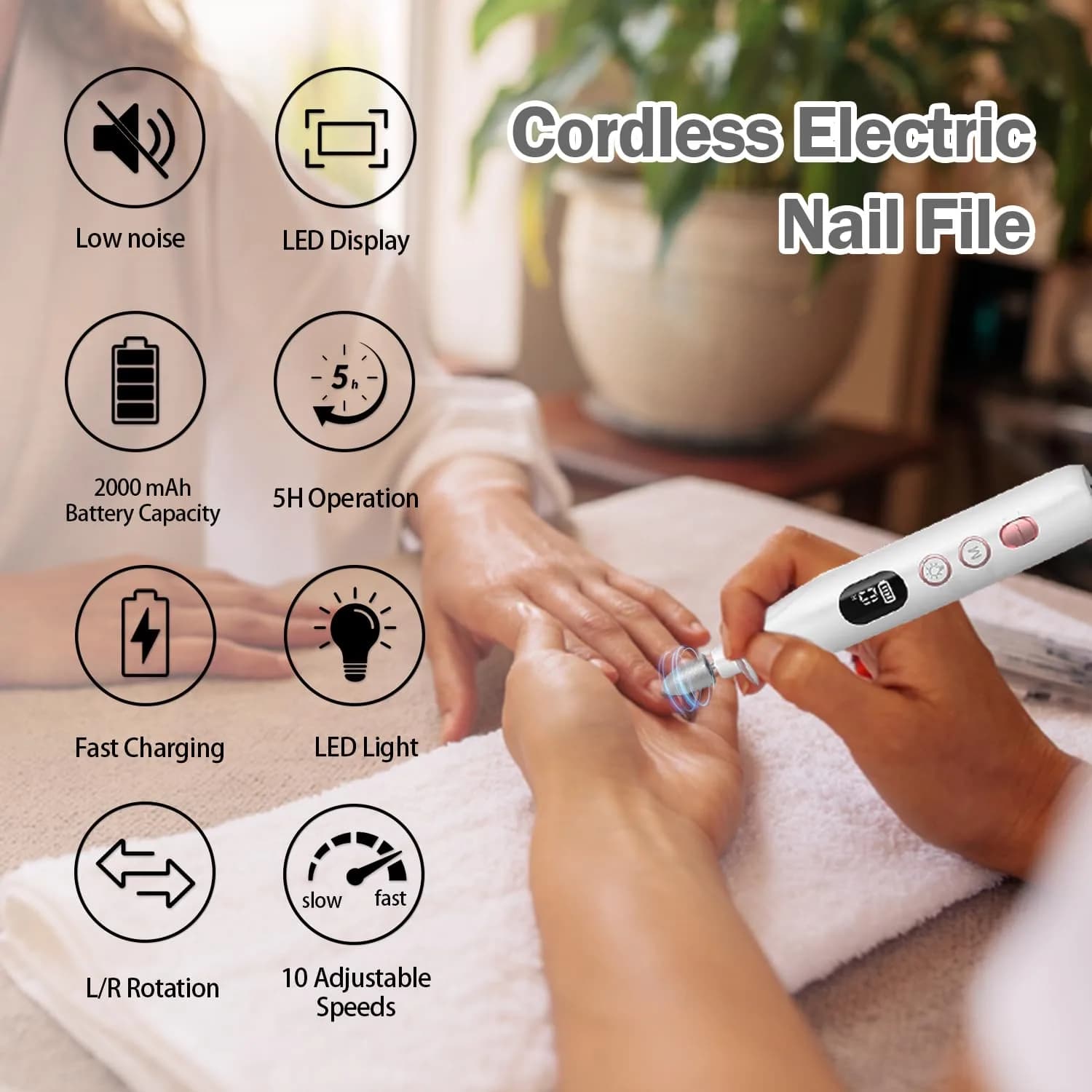 Aleokut Electric Nail File Cordless Nail Drill with LED Light, 10 Speeds 30,000 RPM | Professional Manicure Pedicure Kit for Acrylic Gel Nails - view 2