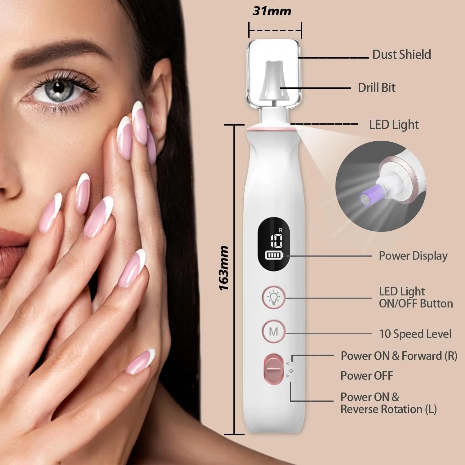 Aleokut Electric Nail File Cordless Nail Drill with LED Light, 10 Speeds 30,000 RPM | Professional Manicure Pedicure Kit for Acrylic Gel Nails - view 7