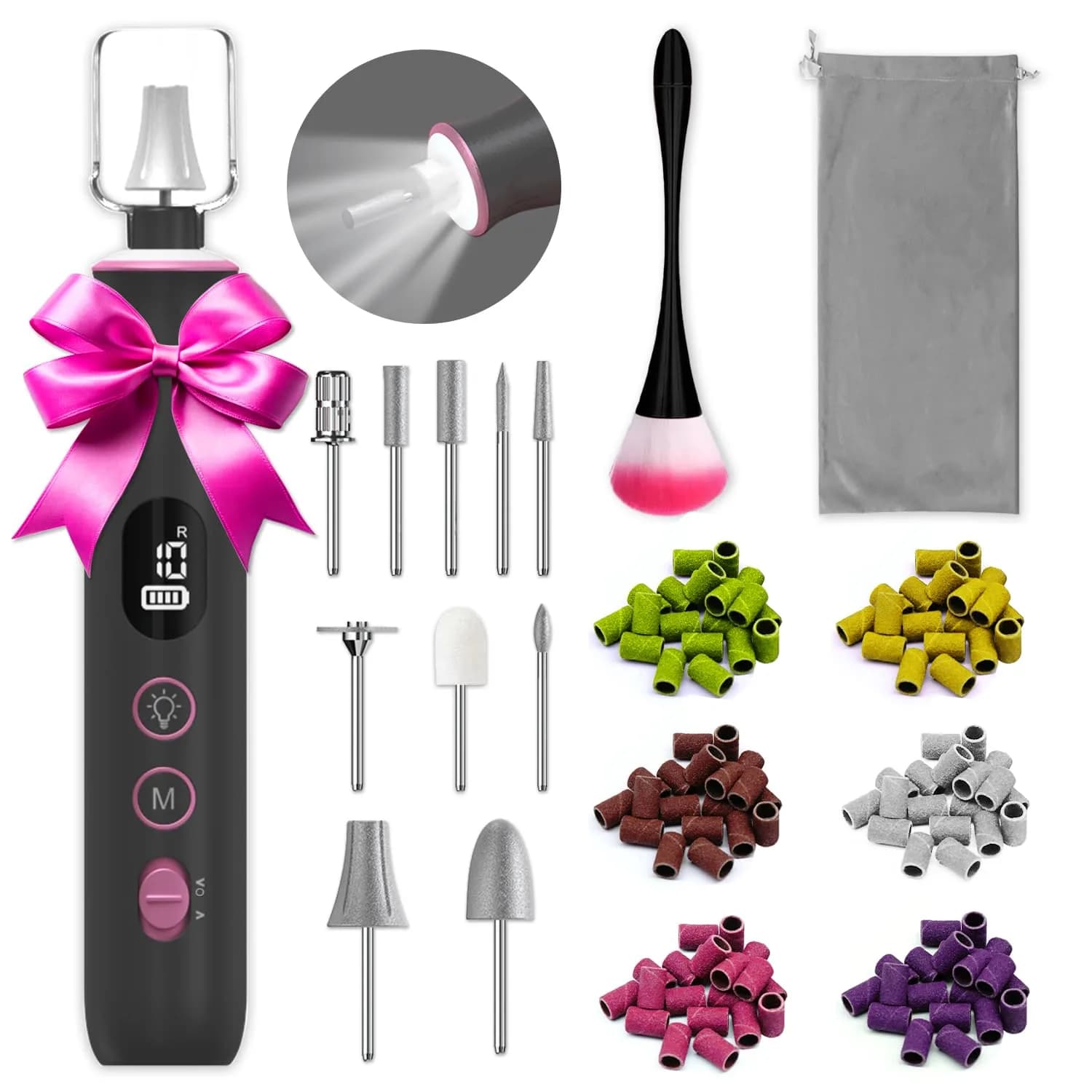 Aleokut Electric Nail File Cordless Nail Drill with LED Light, 10 Speeds & 10 Bits, Manicure Pedicure Kit for Acrylic Gel Nails (Black) - main product image