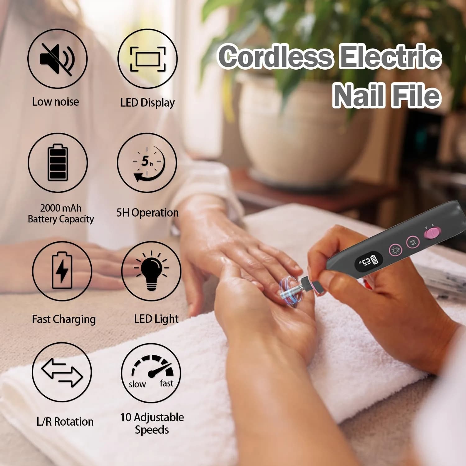 Aleokut Electric Nail File Cordless Nail Drill with LED Light, 10 Speeds & 10 Bits, Manicure Pedicure Kit for Acrylic Gel Nails (Black) - view 2
