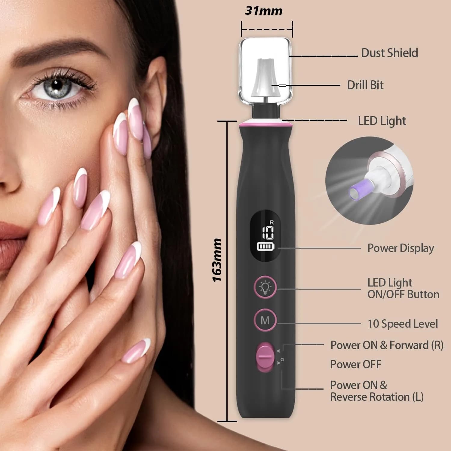 Aleokut Electric Nail File Cordless Nail Drill with LED Light, 10 Speeds & 10 Bits, Manicure Pedicure Kit for Acrylic Gel Nails (Black) - view 7